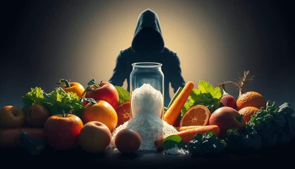 A visually striking digital illustration depicting the contrast between natural sugars and added sugars. In the foreground, an array of fresh fruits and vegetables - apples, oranges, carrots, and leafy greens - radiating a warm, natural glow. In the middle ground, a glass jar filled with crystalline white sugar, casting a cool, clinical shadow. In the background, a shadowy figure representing processed, refined sugars, looming ominously. The lighting is focused, creating depth and drama, while the color palette ranges from vibrant, earthy tones to muted, industrial hues. The composition is balanced, drawing the viewer's eye to the central message: the importance of distinguishing between the natural sweetness of whole foods and the potentially harmful effects of added, processed sugars.