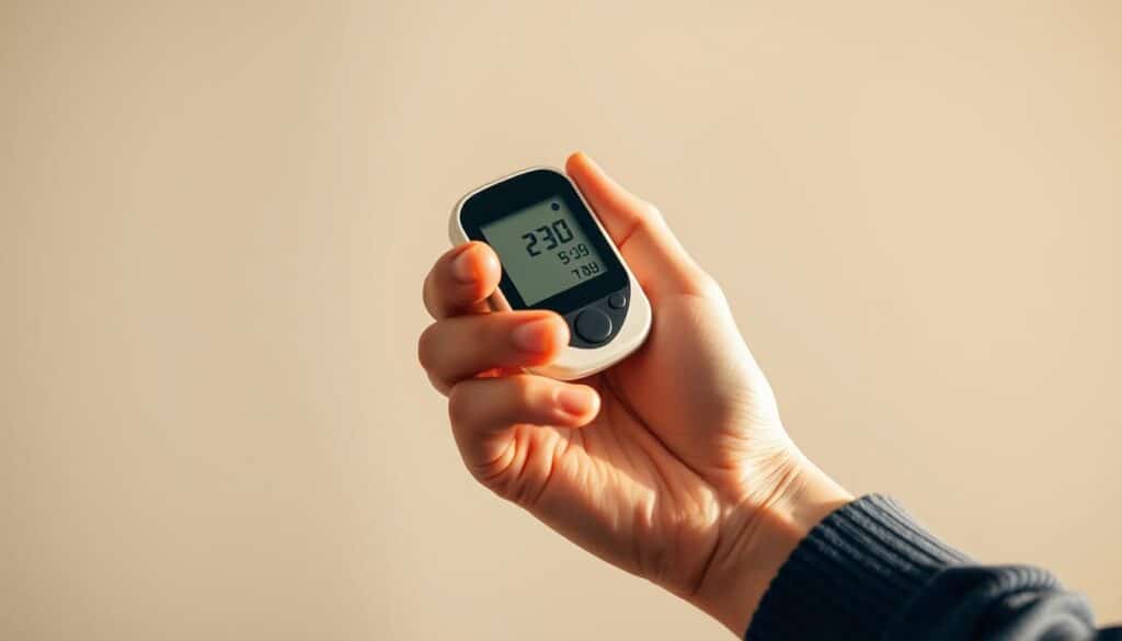 A well-lit, close-up photograph of a person's hand holding a modern digital blood glucose monitor against a plain, slightly out-of-focus background. The monitor's display shows a clear reading, emphasizing the importance of regular monitoring. The hand has a relaxed, confident grip, conveying a sense of control and self-care. Warm, natural lighting casts a soft glow, creating a calming, informative atmosphere. The image captures the practical, hands-on aspect of monitoring blood glucose levels as an essential part of managing diabetes.