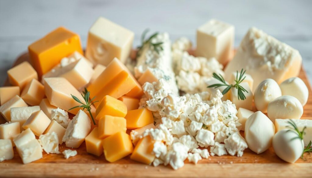 A well-lit close-up shot of an assortment of diabetes-friendly cheeses arranged on a wooden cutting board. In the foreground, a selection of cubed, sliced, and crumbled cheeses, including low-fat cheddar, feta, cottage cheese, and mozzarella. The middle ground showcases the natural textures and colors of the cheeses, with some garnished with fresh herbs. The background features a simple neutral backdrop, allowing the focus to remain on the cheese options. The lighting is soft and natural, highlighting the creamy, inviting appearance of the cheeses. The overall composition and styling convey a sense of health, balance, and culinary expertise suitable for a diabetes-friendly diet.