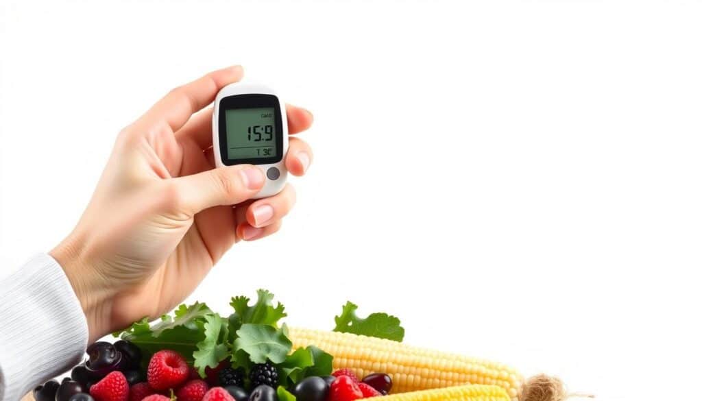 A well-lit, high-resolution image of a person's hand holding a glucose monitoring device against a clean, minimalist background. The device's display shows the current blood sugar level, surrounded by a clean, modern interface. In the foreground, a selection of healthy foods like fresh corn, leafy greens, and berries are neatly arranged, suggesting a balanced diet. The overall composition conveys a sense of control, organization, and the practical steps one can take to monitor blood sugar while incorporating corn into the diet.