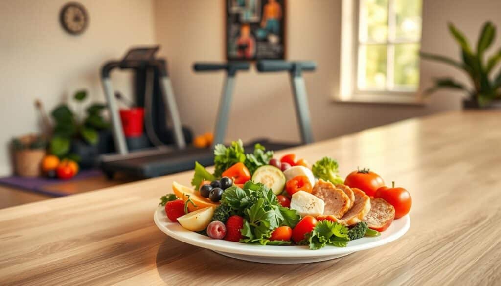 A well-lit kitchen counter, showcasing a balanced plate with a variety of fresh fruits, vegetables, lean proteins, and whole grains. In the background, a treadmill and yoga mat suggest a commitment to regular exercise. Warm, natural lighting creates a calming, wellness-focused atmosphere. The scene conveys a holistic approach to managing blood sugar through diet and physical activity, inspiring healthy lifestyle choices. Captured with a wide-angle lens to emphasize the harmonious integration of nutrition and fitness for optimal metabolic control. A well-lit kitchen counter, showcasing a balanced plate with a variety of fresh fruits, vegetables, lean proteins, and whole grains. In the background, a treadmill and yoga mat suggest a commitment to regular exercise. Warm, natural lighting creates a calming, wellness-focused atmosphere. The scene conveys a holistic approach to managing blood sugar through diet and physical activity, inspiring healthy lifestyle choices. Captured with a wide-angle lens to emphasize the harmonious integration of nutrition and fitness for optimal metabolic control.