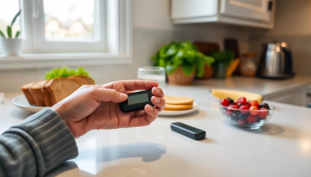 A well-lit kitchen countertop with various healthy food items neatly arranged, including a plate of gluten-free bread, a glass of water, and a small bowl of fresh berries. In the foreground, a person's hands are shown testing their blood glucose levels using a portable glucometer. In the background, a window provides natural lighting, creating a warm and inviting atmosphere. The scene conveys a sense of mindful, balanced management of both diabetes and gluten sensitivity, emphasizing the importance of careful dietary choices and self-monitoring.