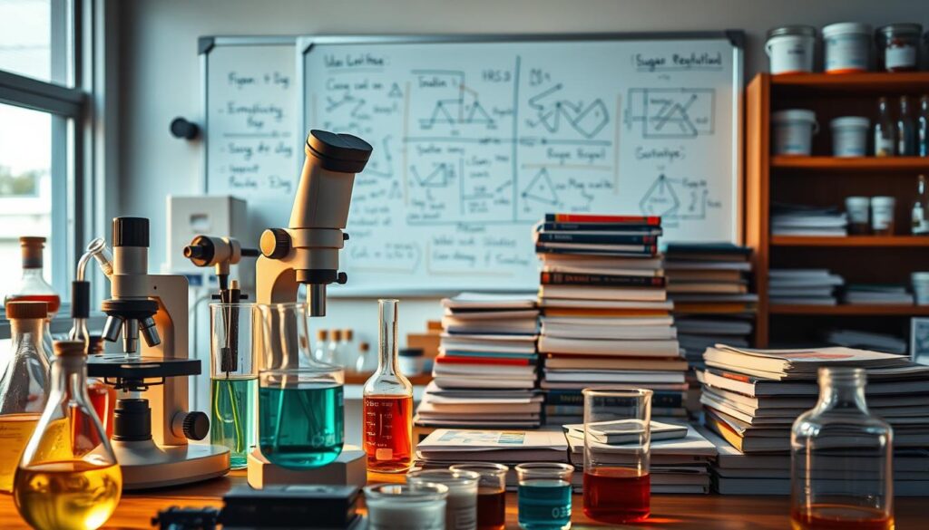 A well-lit laboratory workspace, with an array of scientific equipment and beakers filled with colorful liquids. In the foreground, a microscope and slides suggest detailed examination of samples. In the middle ground, stacks of books and journals on diabetes and nutrition research. The background features a whiteboard covered in equations and diagrams, hinting at the complex relationship between sugar consumption and insulin regulation. Warm, diffused lighting creates a contemplative, scholarly atmosphere, conveying the depth of scientific inquiry into this important health topic.