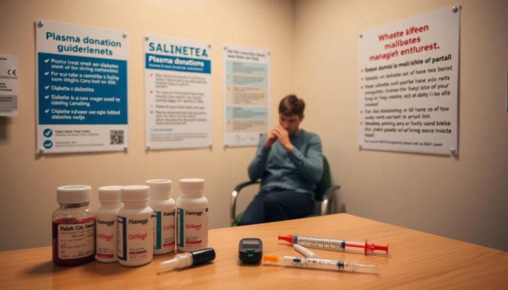 A well-lit medical clinic room, with a desk and chair in the foreground. On the desk, various diabetes medication bottles, syringes, and a glucose meter are neatly arranged. In the middle ground, a person seated, carefully reviewing their medication schedule and preparing an insulin injection. The background features informative posters on plasma donation guidelines and requirements, with a subtle emphasis on the considerations for managing diabetes during the process. The lighting is soft and warm, creating a calm, professional atmosphere conducive to effective diabetes medication management.