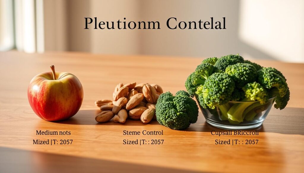 A well-organized table with various portion sizes of common diabetic-friendly foods, such as a medium apple, a handful of nuts, and a cup of steamed broccoli. The table is illuminated by natural, warm lighting, creating a clean and inviting atmosphere. The food items are photographed at an angle, highlighting their textures and colors, with a minimal background to keep the focus on the portion control information. The overall visual style is elegant and informative, conveying a sense of balance and control that aligns with the topic of diabetes management.