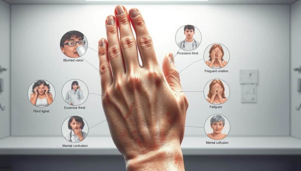 An anatomical illustration showcasing the key symptoms of blood sugar imbalance. In the foreground, a detailed close-up view of a human hand with skin discoloration, dry and cracked texture, and trembling motion. Surrounding it, a series of smaller vignettes depicting other common signs - blurred vision, excessive thirst, frequent urination, fatigue, and mental confusion. The background is a muted, clinical setting with white surfaces and subtle medical imagery, conveying a sense of diagnosis and treatment. The lighting is soft and evenly diffused, emphasizing the detailed study of the physiological effects. Rendered in a realistic, high-contrast medical illustration style to clearly communicate the various manifestations of hypoglycemia and hyperglycemia. An anatomical illustration showcasing the key symptoms of blood sugar imbalance. In the foreground, a detailed close-up view of a human hand with skin discoloration, dry and cracked texture, and trembling motion. Surrounding it, a series of smaller vignettes depicting other common signs - blurred vision, excessive thirst, frequent urination, fatigue, and mental confusion. The background is a muted, clinical setting with white surfaces and subtle medical imagery, conveying a sense of diagnosis and treatment. The lighting is soft and evenly diffused, emphasizing the detailed study of the physiological effects. Rendered in a realistic, high-contrast medical illustration style to clearly communicate the various manifestations of hypoglycemia and hyperglycemia.