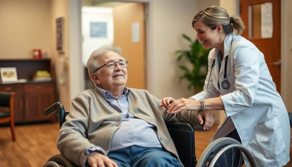 An elderly person in a wheelchair, sitting in a medical office, discussing social security disability benefits with a caseworker. The room is warm and welcoming, with soft lighting and wooden furniture. The caseworker has a kind expression, leaning forward to listen attentively. The person in the wheelchair appears relieved and hopeful, their body language conveying a sense of trust and understanding. The background is slightly blurred, emphasizing the focal point of the interaction. The scene captures the complexity and importance of navigating the social security disability system for those living with diabetes.