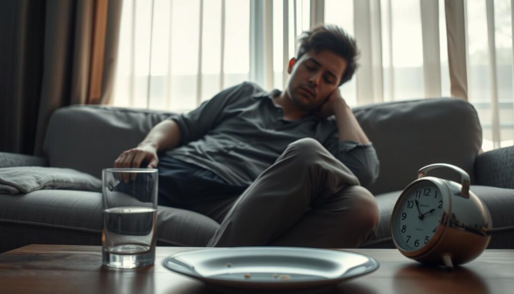 An evocative scene of post-meal fatigue factors unfolds: a figure sprawled on a sofa, eyes heavy-lidded, limbs askew, as a hazy, diffuse light filters through gauzy curtains. In the foreground, a half-empty plate and glass speak to the recent meal, while in the background, a clock ticks slowly, underscoring the sluggish passage of time. The atmosphere is one of drowsy lassitude, the subject's posture conveying a sense of weary surrender to the pull of fatigue. Soft, muted tones lend a sense of wistful melancholy to the scene, hinting at the complex interplay of physiological and psychological factors that contribute to post-prandial exhaustion.