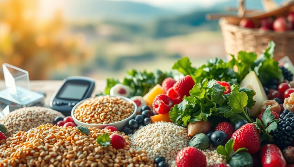 An intricate composition showcasing the interplay between fiber and diabetes management. In the foreground, a vibrant array of high-fiber foods, such as whole grains, leafy greens, and berries, are meticulously arranged. The middle ground features a medical device, like a glucose monitor, subtly hinting at the role of fiber in regulating blood sugar levels. In the background, a softly-lit, calming landscape evokes a sense of balance and well-being, underscoring the holistic approach to diabetes management. The lighting is warm and natural, creating a serene, informative atmosphere. The perspective is slightly elevated, allowing the viewer to take in the full scope of this visual narrative.