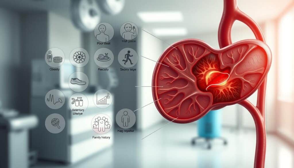 An intricately detailed medical illustration depicting the key risk factors and lifestyle influences on the development of diabetes. In the foreground, a detailed anatomical cross-section of the human pancreas, highlighting the mechanisms of insulin regulation. In the middle ground, visual representations of high-risk factors such as obesity, poor diet, sedentary lifestyle, and family history. In the background, a softly blurred clinical setting with medical equipment, conveying the gravity and seriousness of the topic. Rendered in a photorealistic style with precise attention to anatomical accuracy, muted color tones, and balanced lighting to create a sense of clinical authority.