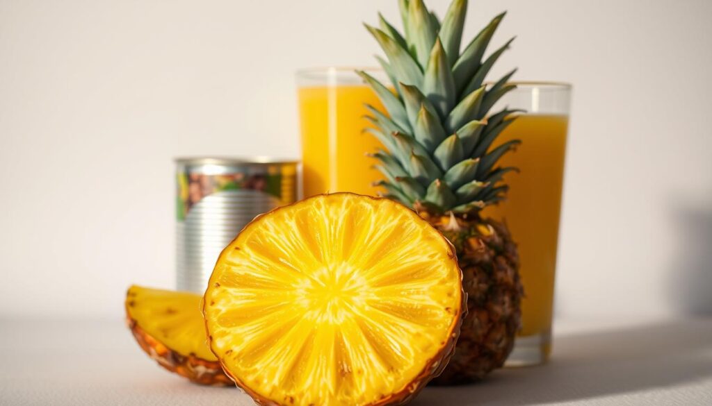 An overhead still life capturing the contrasting forms and textures of fresh pineapple, canned pineapple, and pineapple juice. The fresh pineapple slice sits in the foreground, its golden skin and geometric pattern casting dramatic shadows. Behind it, a tin can and glass of pineapple juice evoke the processed varieties. The lighting is soft, almost ethereal, casting a warm glow and subtle highlights that accentuate the fruit's natural sugars. The scene is set against a plain, neutral backdrop, allowing the pineapple elements to take center stage and suggest their potential impact on blood sugar levels.