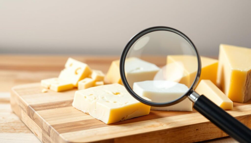 Crisp, high-definition image of a wood cutting board with various types of cheese, including cheddar, brie, and gouda. In the foreground, a magnifying glass hovers over the cheeses, symbolizing the investigation of cheese myths related to diabetes. The background features a clean, bright, and minimalist setting with soft, natural lighting that enhances the textures and colors of the cheeses. The overall composition conveys a sense of scientific curiosity and a desire to uncover the truth about the relationship between cheese and diabetes.