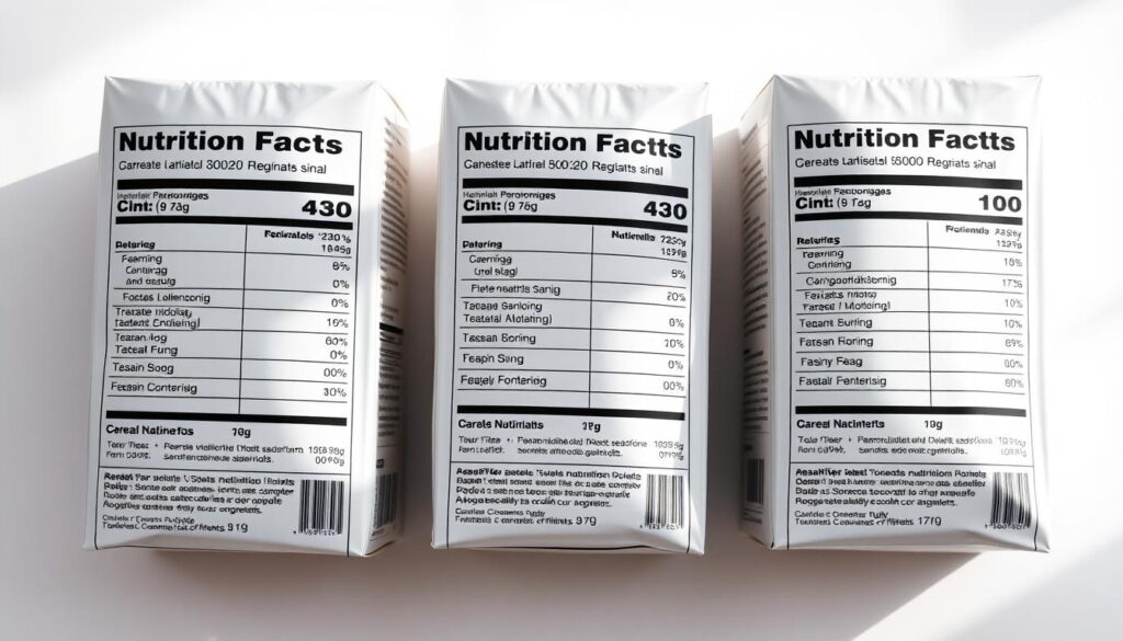 Detailed diabetes-friendly cereal nutrition labels displayed on a clean white background, bathed in soft, natural lighting. The labels feature clear, legible typography showcasing key nutritional information like carbohydrates, fiber, and sugar content. The layout is well-organized, with a minimalist design that highlights the most relevant data for diabetic dietary needs. The labels are photographed from a straight-on angle, creating a sense of clarity and focus. An overall composition that conveys a sense of trustworthiness, health-consciousness, and utility for individuals managing diabetes.