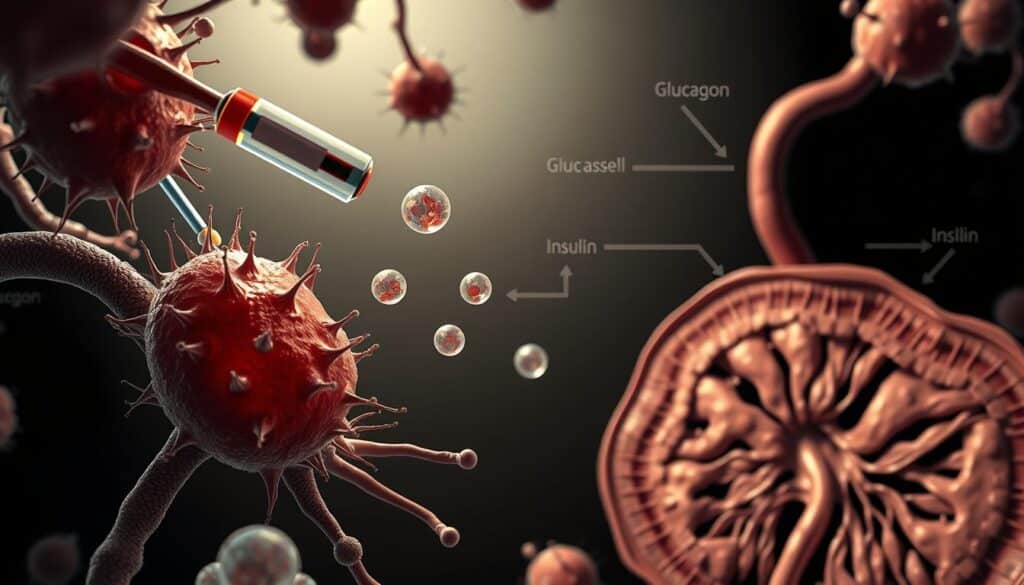 Detailed illustration of human blood sugar and insulin regulation dynamics. A microscopic view of pancreatic cells releasing insulin, interacting with glucose molecules in the bloodstream. Foreground shows insulin receptors on cells, middle ground depicts glucagon and insulin pathways, background features an anatomical cross-section of the pancreas. Realistic, technical style with muted colors, high contrast, and dramatic chiaroscuro lighting to convey the complex physiological processes. Precise anatomical accuracy with a sense of scientific investigation.