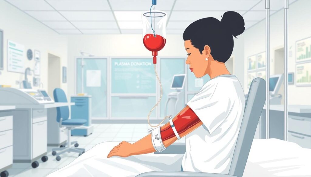 Detailed illustration of the plasma donation process steps. A bright, clean medical setting with hospital equipment and supplies. In the foreground, a donor sitting comfortably, their arm extended as a phlebotomist expertly inserts a needle to draw blood. In the middle ground, the blood flowing through clear tubing into a collection bag. In the background, relevant signage and informational displays. Soft, even lighting, a calm and professional atmosphere. Precise, technical rendering of the equipment and procedure, conveying the importance and care of the donation process.