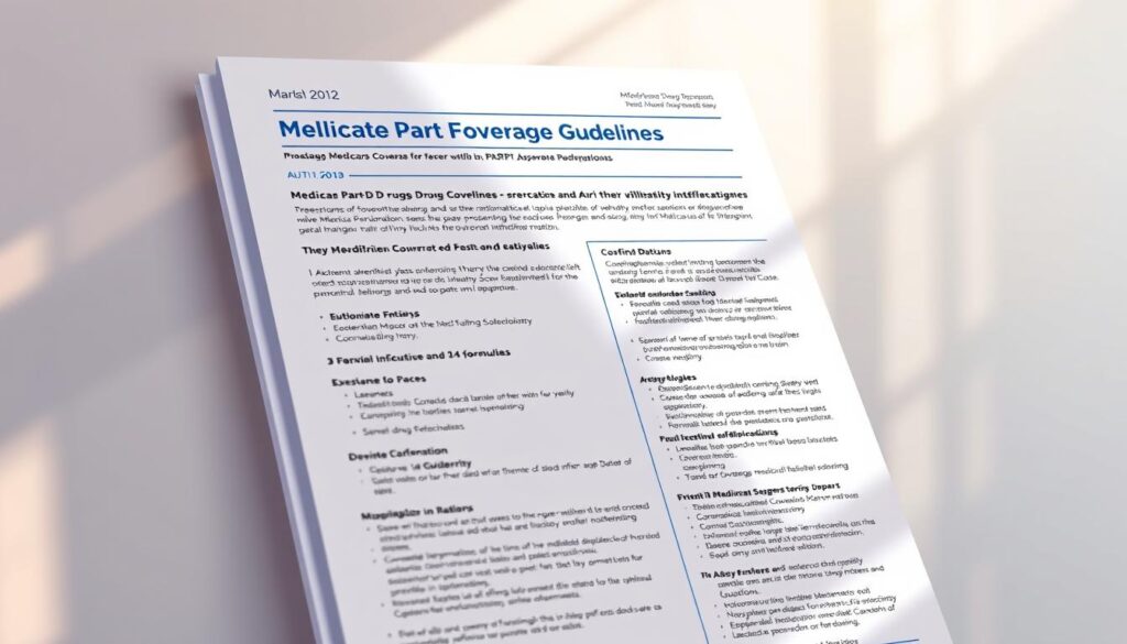 High-resolution digital illustration of a Medicare Part D drug formulary and coverage guidelines document, showcasing the key details and information. The document is presented in a clean, organized layout with clear section headings and bullet points. The background features a soft, blurred medical/healthcare theme, with subtle patterns and gradients to provide visual interest. The document is rendered with a professional, authoritative aesthetic, conveying the important and official nature of the content. Warm lighting from the side casts natural shadows, adding depth and dimensionality to the scene. The overall mood is informative, trustworthy, and visually appealing.
