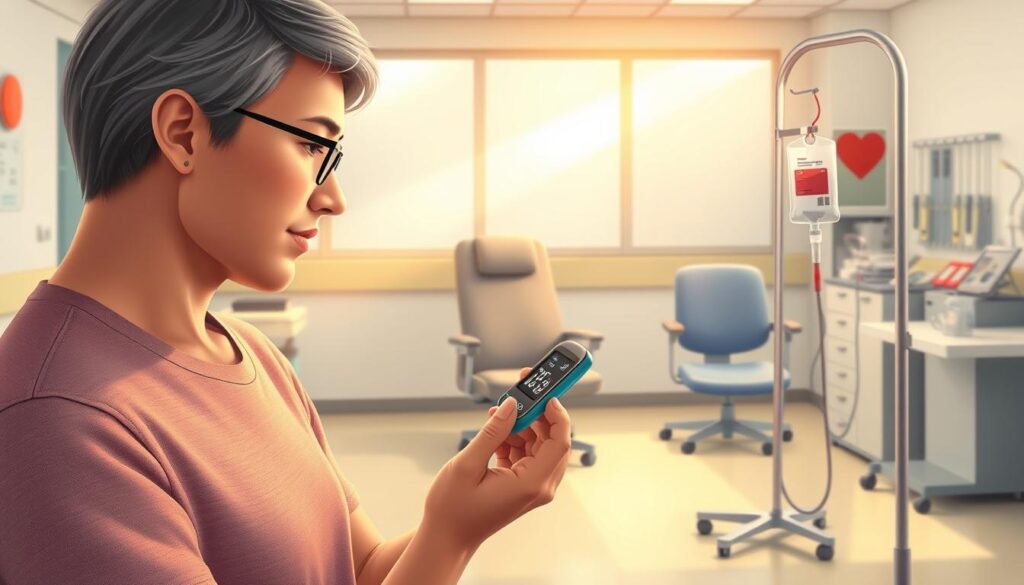 a realistic digital illustration depicting a person with diabetes managing their blood sugar levels before donating blood. The foreground shows the person checking their glucose monitor and preparing an insulin injection. The middle ground features a blood donation setup, including a chair, a blood pressure cuff, and a blood donation bag. The background showcases a clean, well-lit medical environment with medical equipment and supplies. The lighting is warm and natural, creating a reassuring atmosphere. The composition emphasizes the importance of proper diabetes management for a successful and safe blood donation experience.
